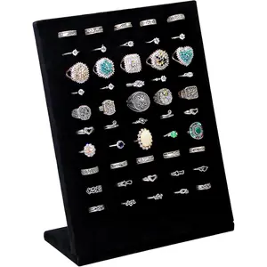 Ring Display Stand, Velvet Ring Holder, 50 Slots Rings Organizer Jewelry Display Tray, L-Shaped Jewelry Organizer Stand for Rings Earrings Selling (Black 1Pcs) Adjustable Gold Cross with Crown Pendant