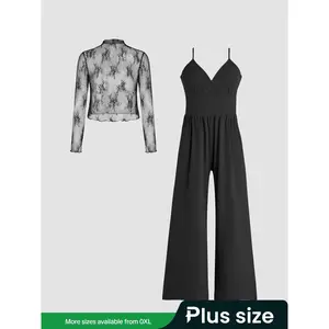 Plus Size Two-Piece Set: Solid Lettuce-Trim Lace Crop Top & Wide-Leg Camisole Jumpsuit — Elegant Fashion Outfit for Everyday Outdoor Wear, Women’s Clothing for Spring and Autumn, Womenswear