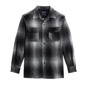 Pendleton Men's Wool Fabric Board Shirt - 23 Black-White Gradient Print, Casual Long-Sleeve Top, All-Season Menswear, Bias Pockets, Square Hem