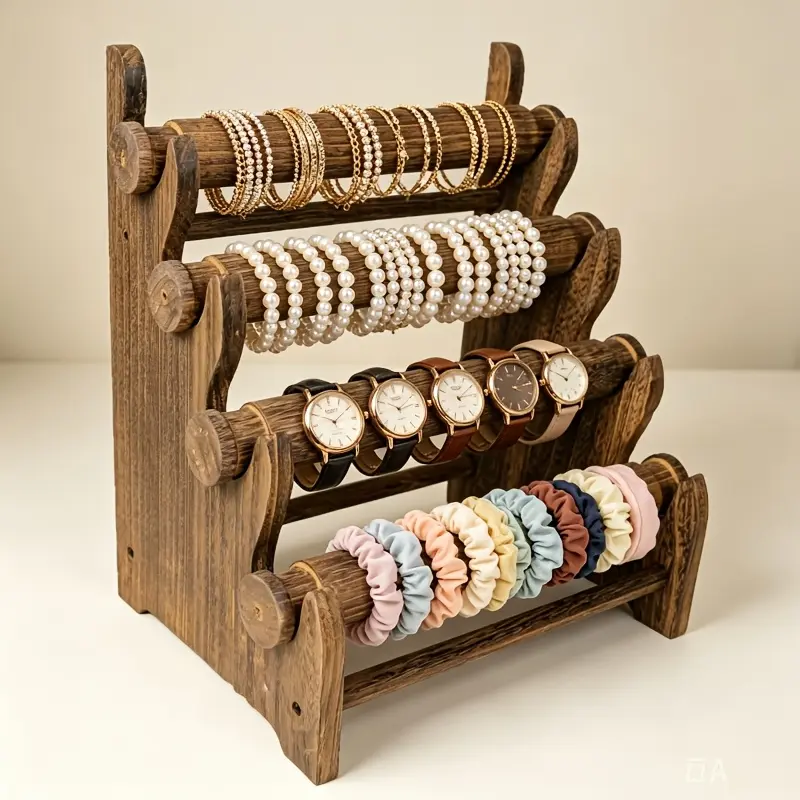 PABHAN 4-Tier Wooden Bar Jewelry Display Rack, Organizer Storage for Bracelets, Bangles, Watches, Easy Assembly - Ideal Mother's Day Gift, Four Tiers Boxes Jewelry Oraganizer Jewelry Holder Organizer
