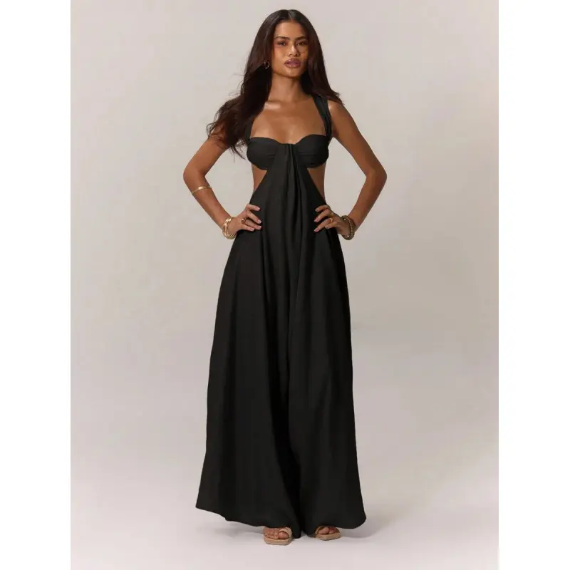 Ultra-wide-leg jumpsuit, front drape design, side cutouts, backless, suitable for vacations, bohemian style, western style, spring/summer beachwear, elegant Ibiza vacation, wedding guest, date night, sexy evening wear, bohemian style, green, spring/summer