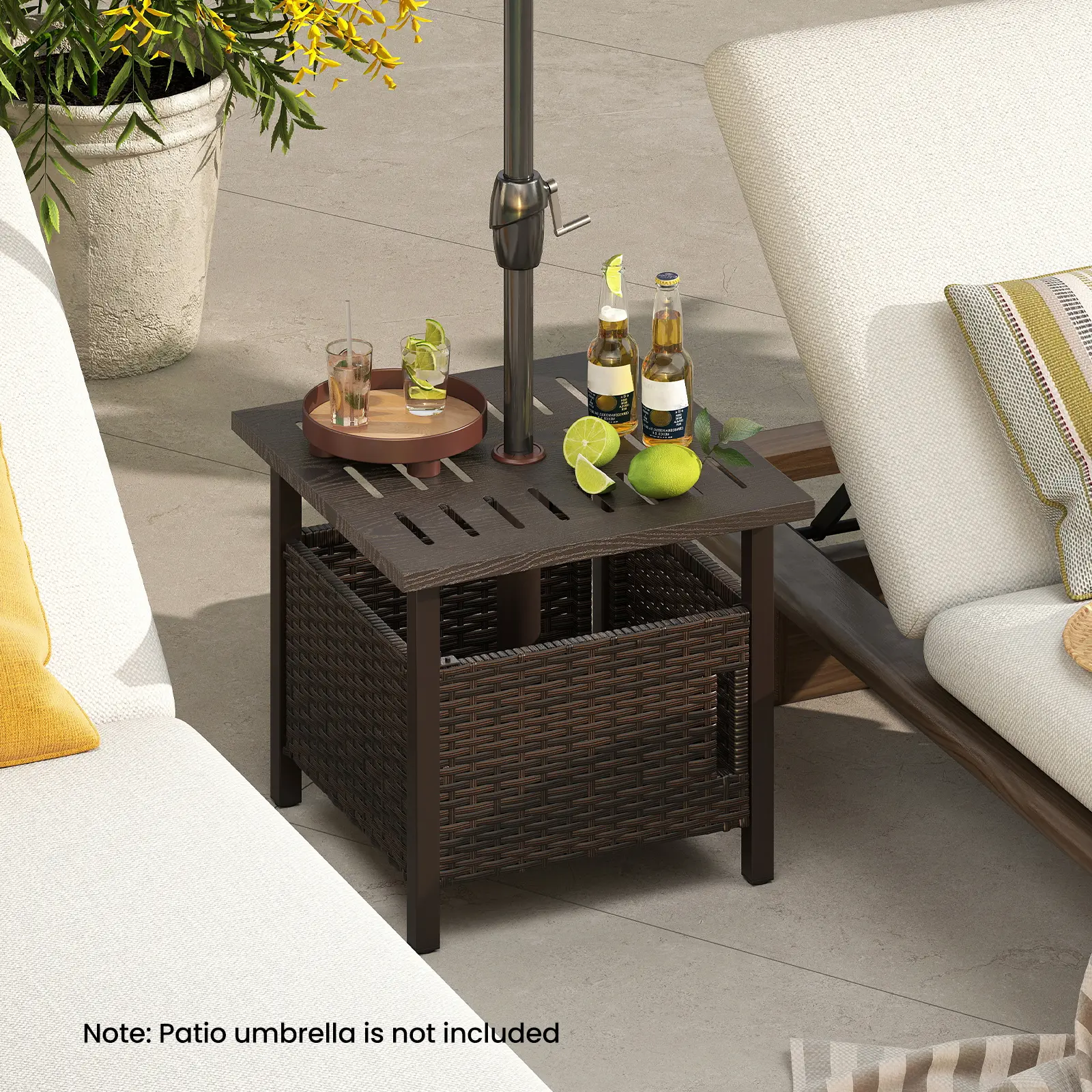 COSTWAY - Outdoor Side Table with 1.93" Umbrella Hole All-Weather PE Wicker Patio Umbrella Table-Brown