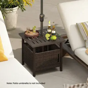 COSTWAY - Outdoor Side Table with 1.93" Umbrella Hole All-Weather PE Wicker Patio Umbrella Table-Brown