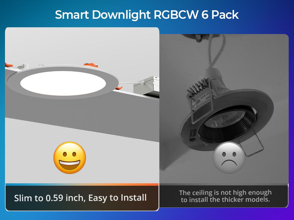 CINOTON 6-Pack 6-Inch Wi-Fi Canless Recessed Lighting with Gateway & Junction Box, 16W RGB Color Changing (2700-6500K) Dimmable Downlights Compatible with Alexa & Google Assistant