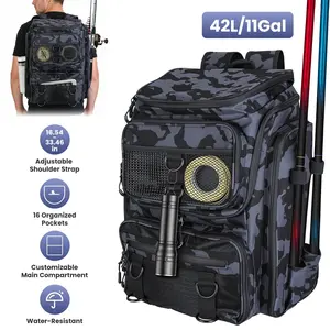 42L/11Gal Fishing Backpack Large Capacity Fishing Tackle Storage Bag with Rod Holders 16-Pocket Water-Resistant with Divider Adjustable Padded Straps for Fishing Gear Outdoor Camping Hiking