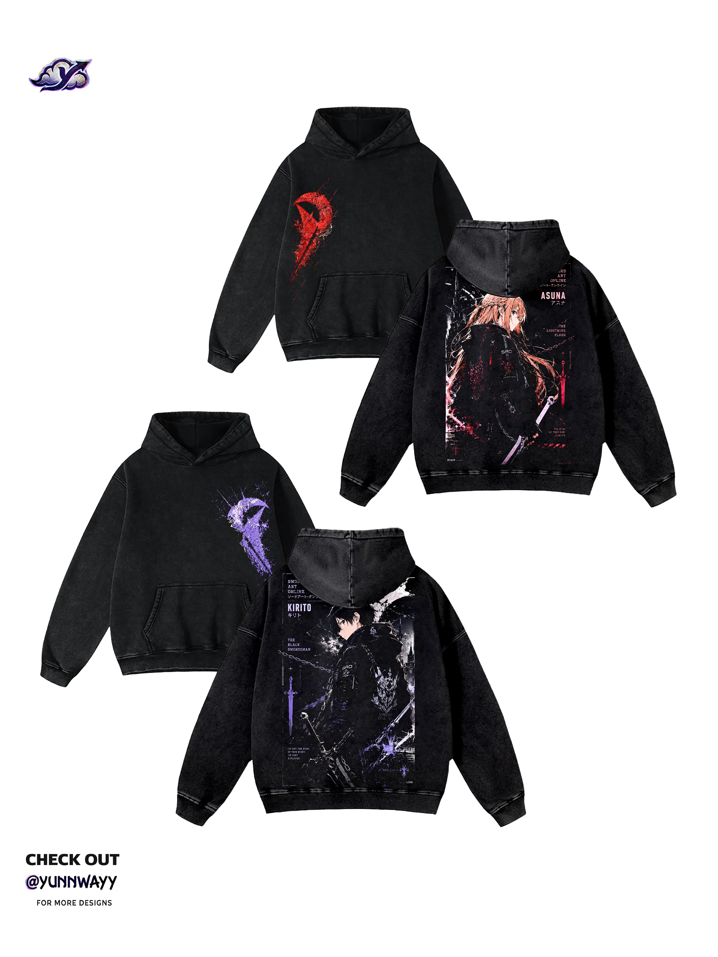 Men's Vintage Sword Art Online Kirito & Asuna Anime Couple Matching Acid Wash Hoodie - Y2K Grunge Graphic, 350gsm Heavyweight Cotton, Relaxed Fit, Unisex Long Sleeve, Gift for SAO Anime Fans