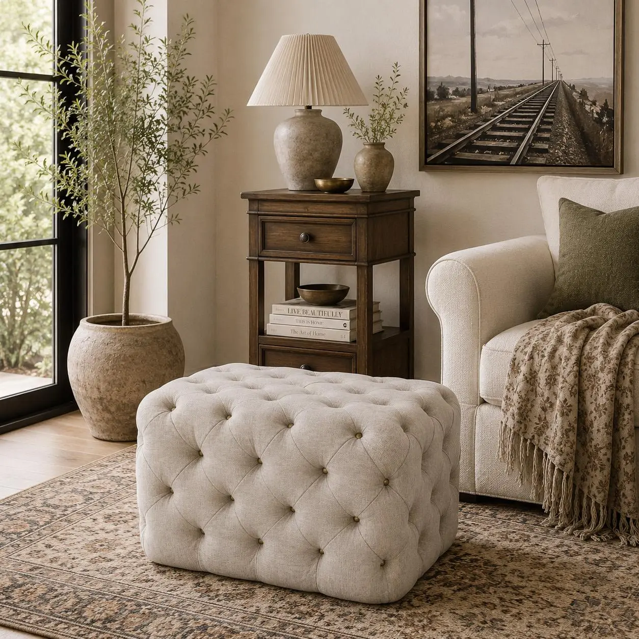 Beige Linen Fabric  Tufted Room Ottoman, 28" x 19" x 19"