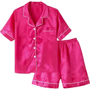 Big Kids Unisex Pjs Set Girls Boys Silk Pajama Sets Satin Clasic Sleepwear Summer 2 Pieces Button Down Nighty