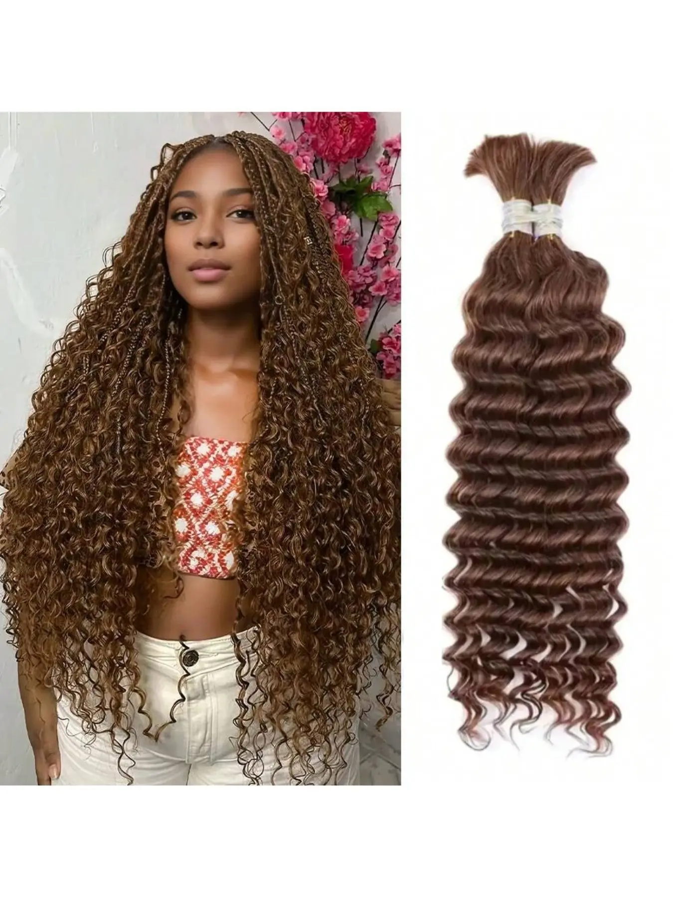 12A Human Braiding Hair Curly Hair Extensions For Boho Braids 14-28 Inch Chocolate Brown Curly Boho Hair Boho Curly Ends For Braiding Knotless Deep Wave Bulk Bohemian 2 Bundles/Pack Color 4# Halloween Wigs