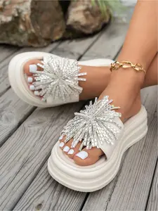 Rhinestone Fireworks Platform Slides for Women, White Open-Toe Sandals, Comfortable Footwear for Casual & Travel
