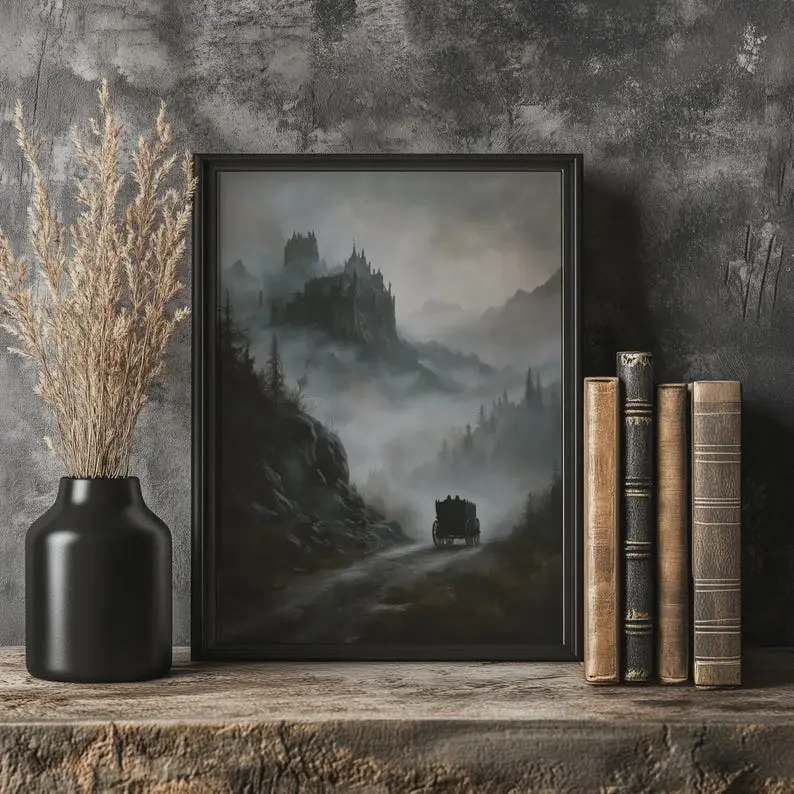[Sale Up To 50%][No frame, Free Ship] Gothic Poster - Road to Dracula Castle Print, Dark Fantasy Art, Misty Mountain Art, Occult Moody Poster for Dark Academia Home Decor