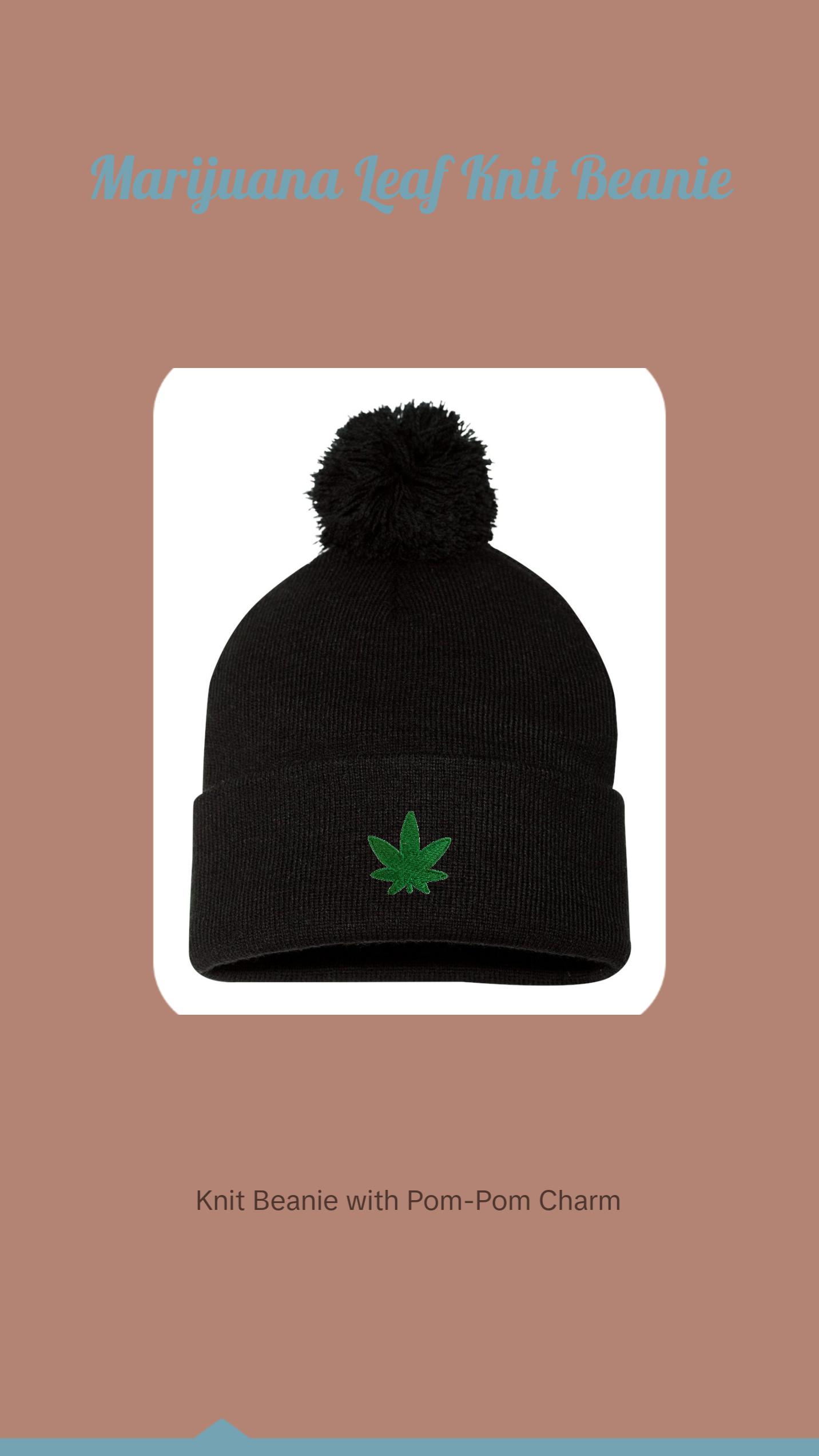 Marijuana Leaf Embroidered Knit Beanie Pom Cap