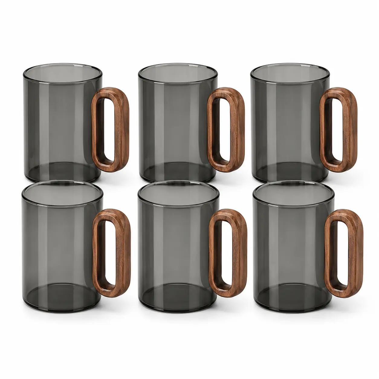 6Pcs Food Grade Borosilicate Glass Mug Set, Clear Coffee Tea Latte Cups with Wooden Handles & Tray, Dishwasher Safe Home Drinkware, Giftable Kitchen Counter Accessory