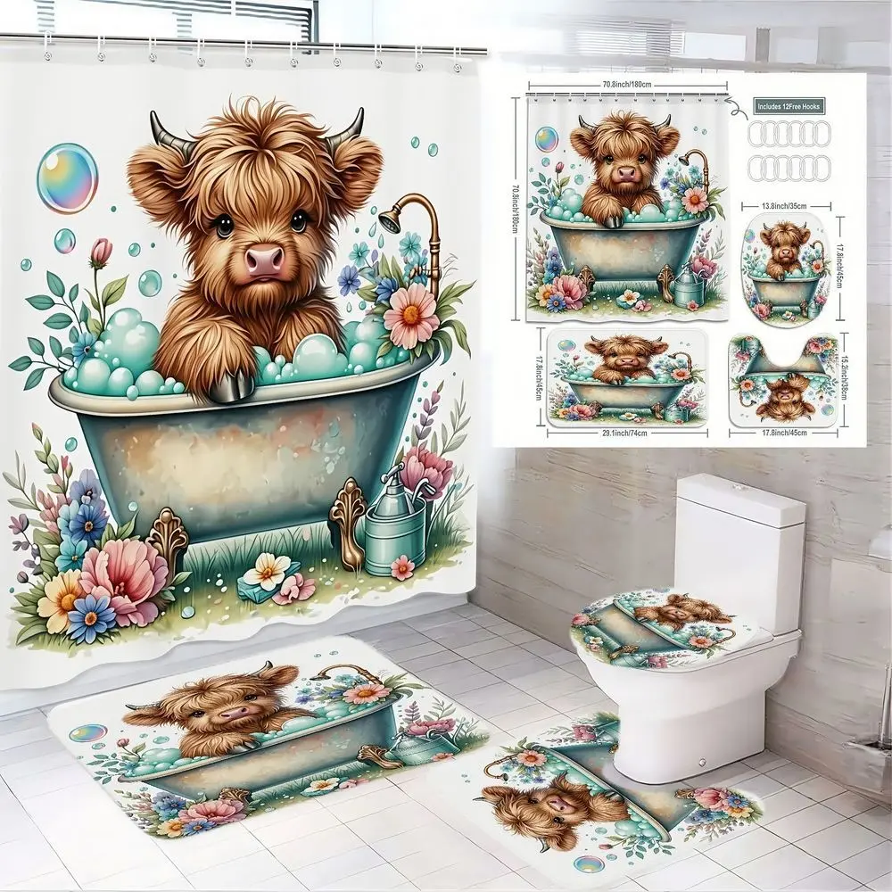 4pcs Whimsical Baby Highland Cow Bathroom Decor Set, Vintage Clawfoot Bathtub, Colorful Wildflowers, Iridescent Soap Bubbles, Toilet Seat Cover, Shower Curtain Set, Bathroom Decoration Accessories