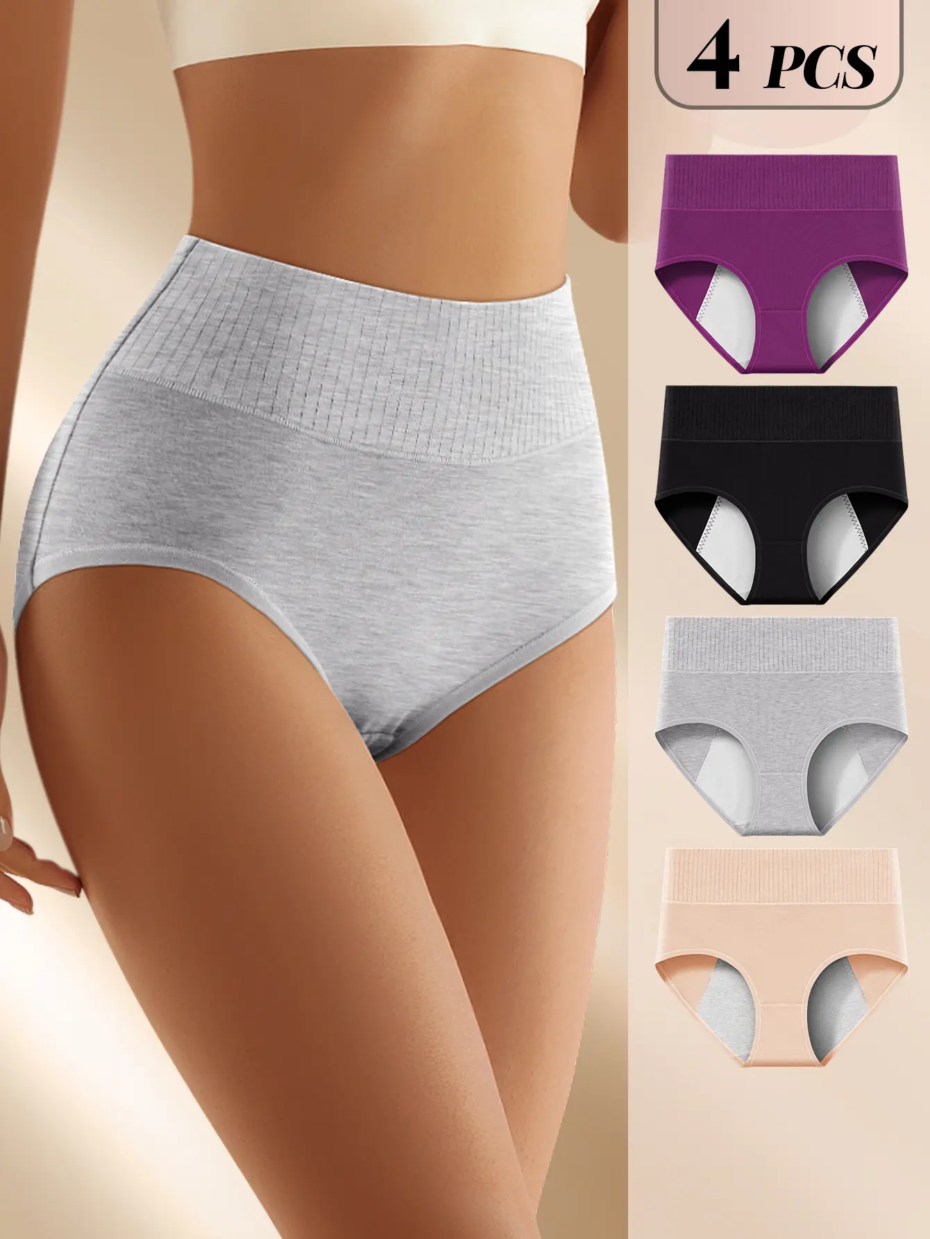 Women's 4-Pack High-Waisted Cotton Period Underwear - Chic, Leak-Proof Briefs with Lace Trim, Tummy Control, Cheeky Cut, High-Cut Design for Everyday Wear