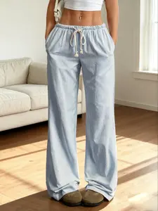 Women's Striped Wide Leg Pants, Elastic Waist Sporty Style, Loose-Fit All Season Casual Wear, Comfortable Daily Streetwear