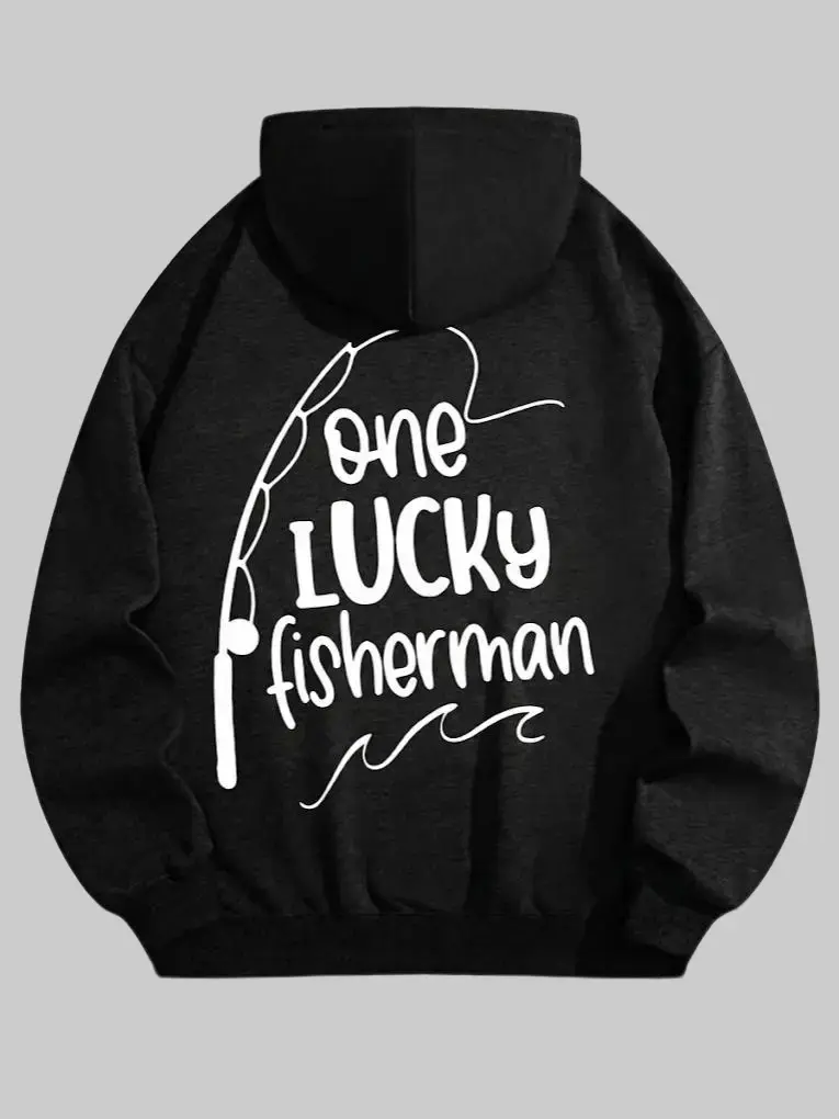 Men's Black Longsleeves Hoodie - 1PC Menswear Casual Stylish Sweatshirt with Fun Fishing Graphic, Lucky Fisherman Design, Breathable Fabric, Ideal Valentine's Day Gift for Special Someone, Suitable for Outdoor City Walking, Easy Outfits Matching