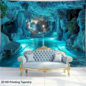1pc Large Blue Cave Underwater World Tapestry - HD Printed Sateen Weave Fabric Wall Hanging, Horizontal Oceanic Theme Decor for Home, Party, Live Stream Background - No Electricity Needed
