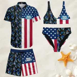 Matching Couple Swimwear, Bud Light American Flag Hawaiian Tropical Beer Bottle Print Bikini Top Bottom & Button Up Shirt Swim Trunks Set, Perfect Gift for Boyfriend Girlfriend Summer Vacation