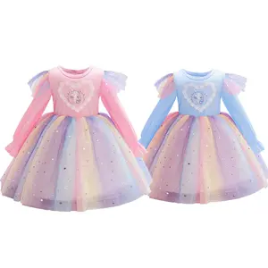 Kid Girls Princess Dress Unicorn Print Gauze Long Sleeve Round Neck Dress Performance One Piece Party Dress For 2-10Y Girls,As Gift ZT-C863