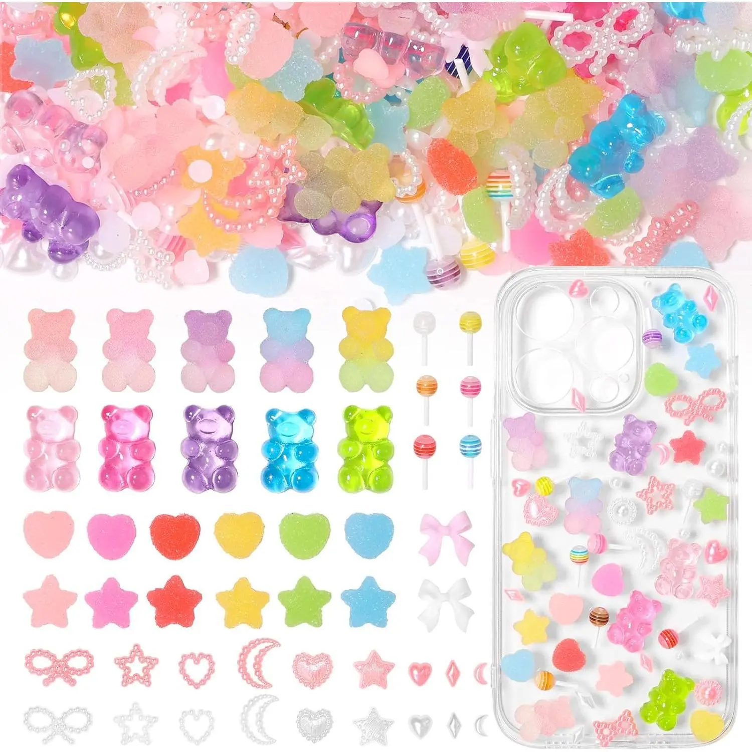 X-HDJ15  400 Pcs Candy Junk Case Charms Kit, Color Gummy Bear Lollipop Star Heart Charms for Junk Cases, Pink White Bow Moon Hearts Pearls Phone Case Charms, Assorted Slime Charms for DIY Crafts