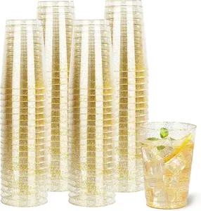 I00000 100 Pack 12 oz Gold Glitter Cups, Gold Glitter Disposable Cups, Gold Plastic Wine Glasses Plastic Cocktail Glasses Heavy Duty Cups, 12 Ounce Gold Glitter Plastic Tumblers For Party