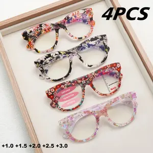4 Pack Progressive Multifocal Reading Glasses Women Anti Blue Light Computer Reader Spring Hinges Oversized Frame Floral Pattern Eyeglasses Mix Color