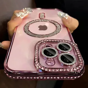 New Luxury Fashion Glitter Diamond Transparent Case for iPhone 17 16 15 14 Plus 13 12 11 Pro Max 17 Air Magnetic Wireless Charge Back Cover