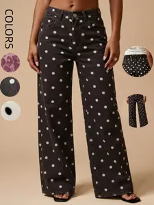 Women's French Casual Vintage Polka Dot Wide Leg High Waist Pants, Retro Style, Comfortable and Stylish, Perfect for Daily Wear