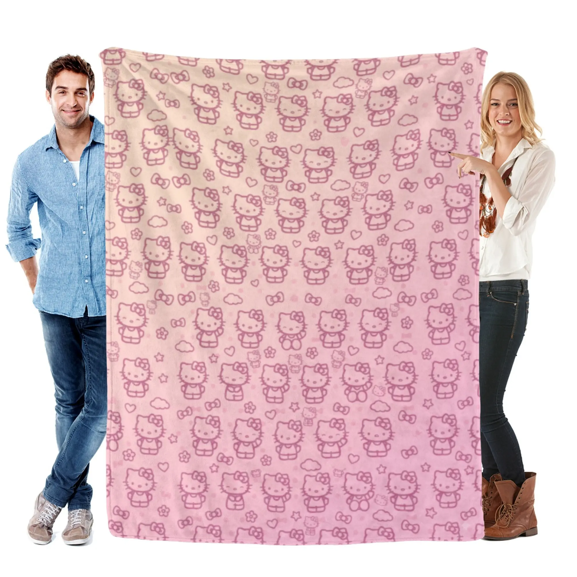 [SummerVibes] SANRIO Hello Kitty Soft Flannel Blanket, Pastel Pink Kawaii Pattern 2D Print, Cozy Y2K Room Decor for Couch, Bed & Travel