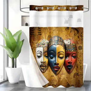 LVRLVR 1pc Ancient Egyptian Art Style Mask & Hieroglyph Pattern Polyester Double Layer Lined Shower Curtain 70.874 Inches/180188cm