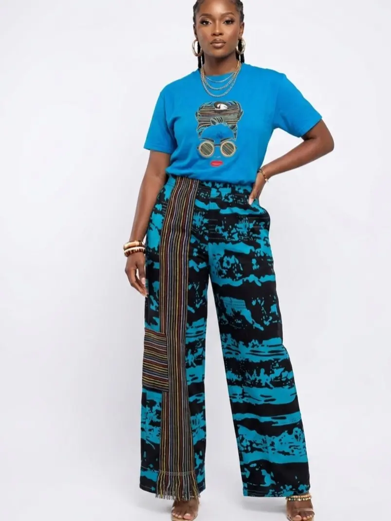 Women's 2-Piece Traditional Aso Oke Clothing Set - Short-Sleeve Graphic T-Shirt, Long Pant, Fashionable Style for Everyday Women's Casual Wear, Short Sleeves, Clothes, Modern Aso Oke, Easy Style