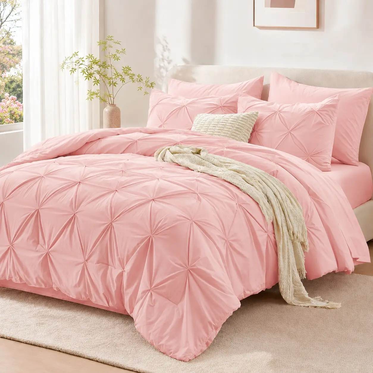 JOLLYVOGUE Comforter Set 7 Pieces - Bed in a Bag Queen for All Season, Pintuck Bedding Comforter Sets with Comforter, Flat Sheet, Fitted Sheet and Pillowcases & Shams, Pink