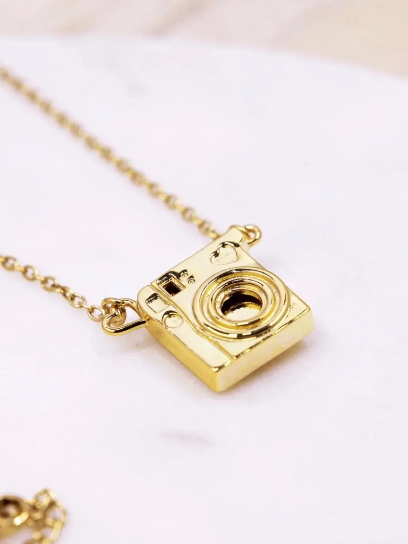 Personalized Gold Camera Necklace | Custom Engraved Photographer Pendant