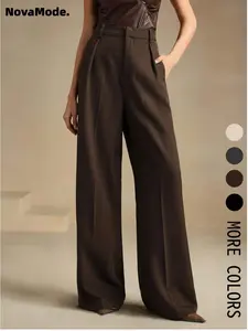 Women's Solid Color Wide Leg Pants, Elegant Fashion Casual Trousers for Work Office Business, Ladies Bottoms for All Seasons