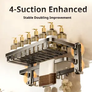 （Attention Usage Scenarios and Installation Steps）Luxury 24" Space Aluminum Towel Rack with 4 Strong Vacuum Suction Cups, Heavy-Duty Foldable Wall-Mount Bathroom Organizer Shelf with Movable Hooks, Waterproof Rustproof No-Drill Installation, Large Basket