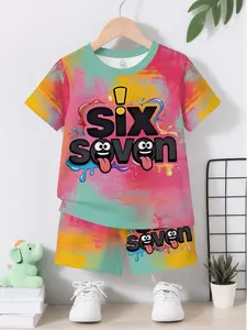 Boys' Casual Fitted Short Sleeve Top & Track Shorts Set, All-Over Colorful Pattern Design, Comfortable Outdoor Wear, Trendy Boys