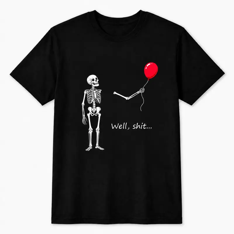Funny Skeleton Balloon Shirt, Dark Humor Graphic Tee, Halloween Style Black Short Sleeve Blend Top, Skeleton Gift Shirt