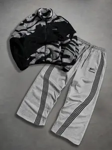 Men's Zipper Letter Graphic Windbreaker Jacket, Outdoor Parka Coat, Winter Jacket, Hoodie Star Print Drawstring Pants Set