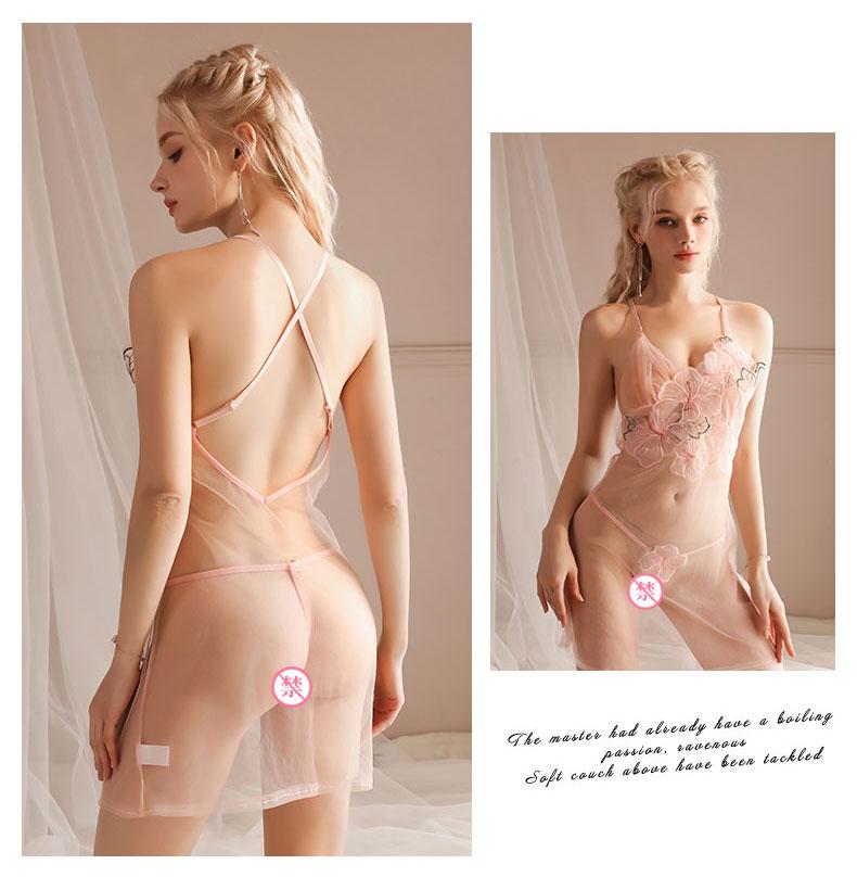 French Romantic Sheer Floral Embroidery Nightgown & Thong Set | Fairycore Aesthetic Lingerie for Women | Dreamy Pink Mesh Chemise