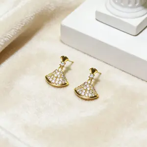 Paved CZ Fan-Shaped Stud Earrings - Copper Gold Plated Jewelry - Daily Wear & Party Statement Earrings