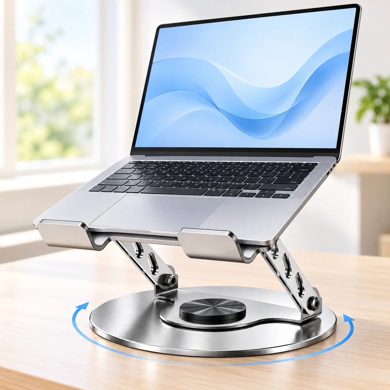 360° Rotating Laptop Stand for Desk, Foldable Portable Laptop Riser with Adjustable Height and Angle, Ventilated Metal Notebook Holder with Swivel Base for Home Office, Study and Travel, Silver