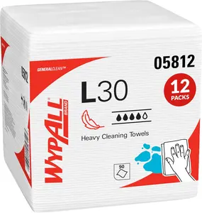 WypAll GeneralClean L30 Heavy-Duty Absorbent Disposable Cleaning Cloths, Quarterfold 05812 White Bulk Paper Wipes, Strong & Soft (12 Packs of 90 Sheets, 1080 Total Sheets)