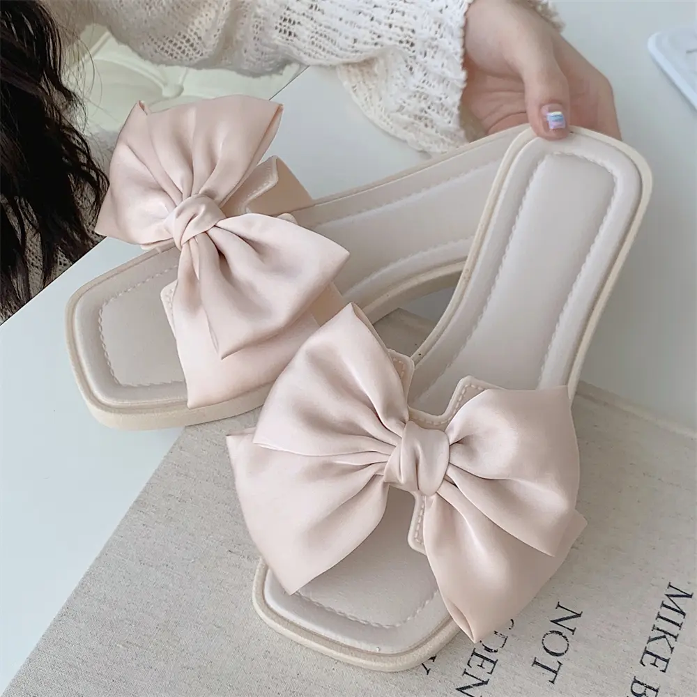 XUNBAI Cute Bow-Knot Women Flat Sandals, Square Open-Toe Slip On Slides, Fashion Casual Walking Shoes, Stylish Summer Footwear for Beach Vacation Indoor Outdoor Daily Wear