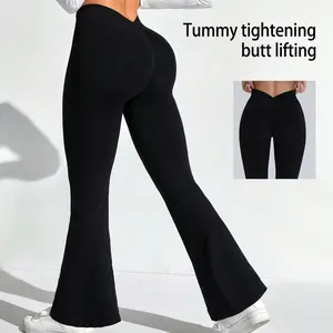 Women’s high-stretch, high-waisted slim yoga pants with a slight flare. Skin-friendly knit, seamless construction. Four-season American hot-girl casual athletic full-length flared pants suitable for commuting, workouts, and everyday wear.