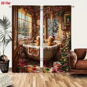 2D Flat 2 Piece Christmas Bathroom Curtain Set, Whimsical Gingerbread Men in Santa Hats Clawfoot Bathtub with Candy Canes, Colorful Garlands Wrapped Presents Decorated Tree Winter Scenes Cozy Candyland Themed Bathroom Shower Curtain & Hooks