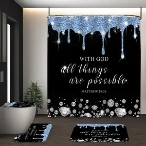 LVRLVR 4Pcs With God All Things Are Possible Bible Verse Diamond Drip Print Luxury Black Shower Curtain Set 70.8×70.8 Inch