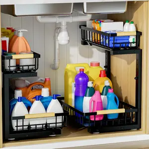 2 count Under Sink Organizer, Adjustable Under Sink Organizers and Storage, 2-Tier Pull Out Under Kitchen Sink Organizer, Sliding Out Metal Under Bathroom Sink Organizer for Kitchen Pantry Black