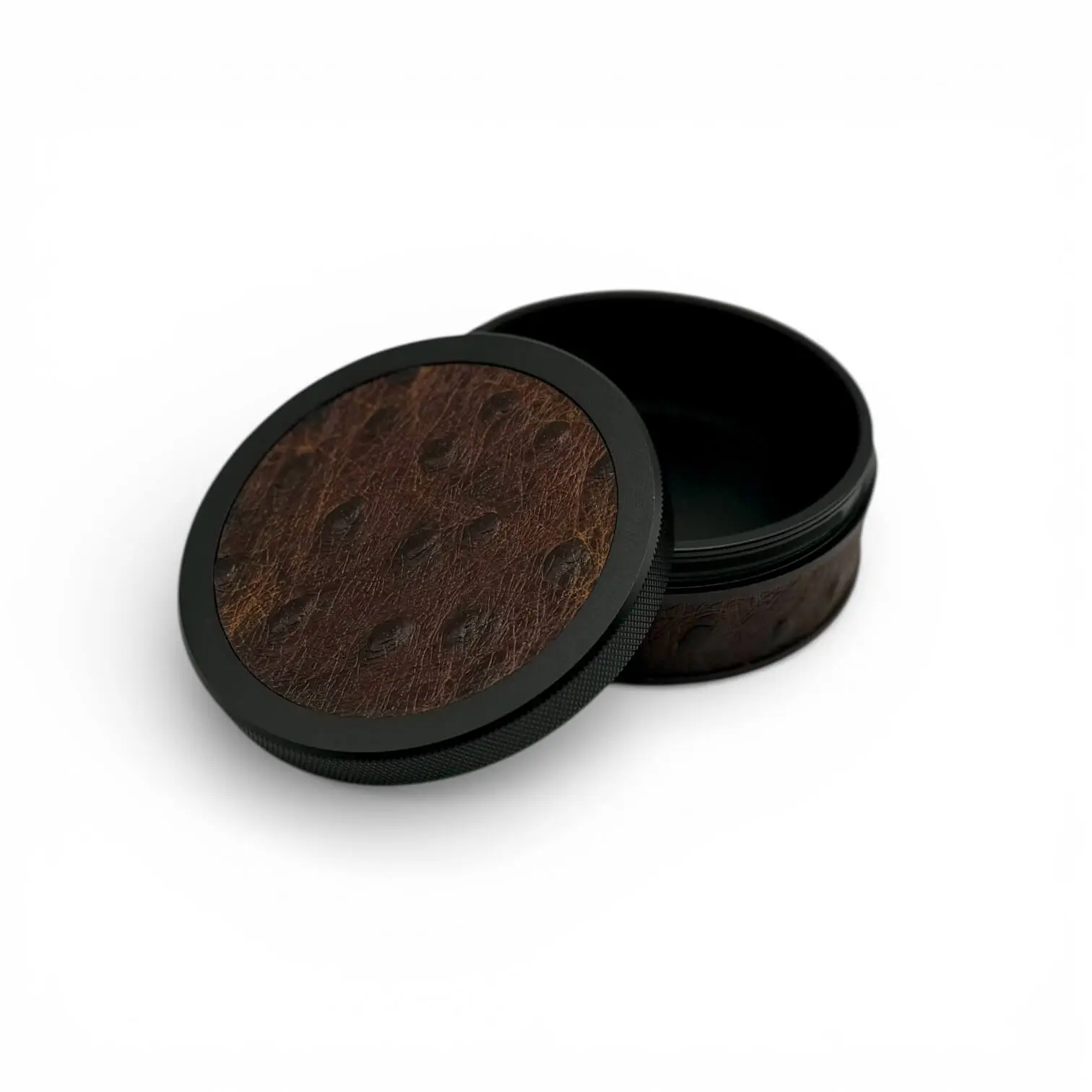 Black on Brown Embossed Ostrich Ruk Can | EDC Storage Can | Airtight Seal for Freshness | 100% Genuine Leather Top & Band | Travel Essentials | Aluminum Metal Canister