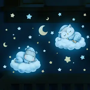 2pcs Cozy Sleeping Animals Cloud Glow-in-the-Dark Wall Stickers Watercolor Style Owl Hippo Star Blue Glow Stickers Self-Adhesive Removable Creative Stickers Suitable for Home Decoration, Glass Decoration, Cultural Decorative Stickers, etc.